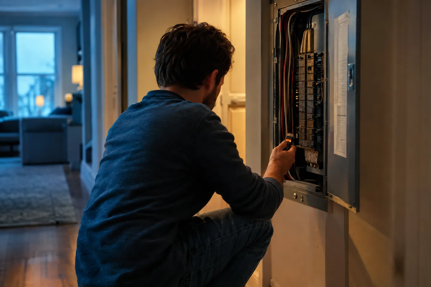 Właściciel domu samodzielnie naprawia instalację elektryczną
